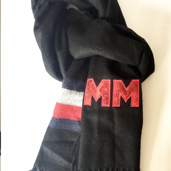 New Tommy Hilfiger Tommy Sequinned Scarf Black Red Fringed Winter - Picture 2 of 9